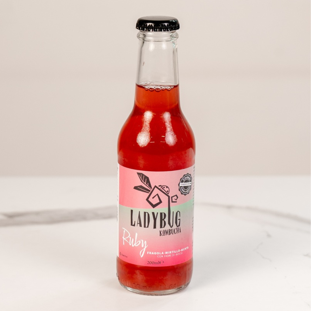 Kombucha artigianale analcolica "Ruby" Fragola, Mirtillo e Menta "Ladybug" 200ml