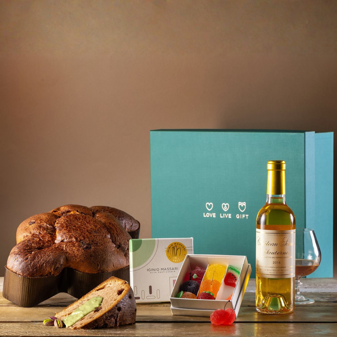 Cesto di Pasqua "Sinfonia di Gusti" - Gelatine “Iginio Massari®", Colomba al Pistacchio e Château Simon