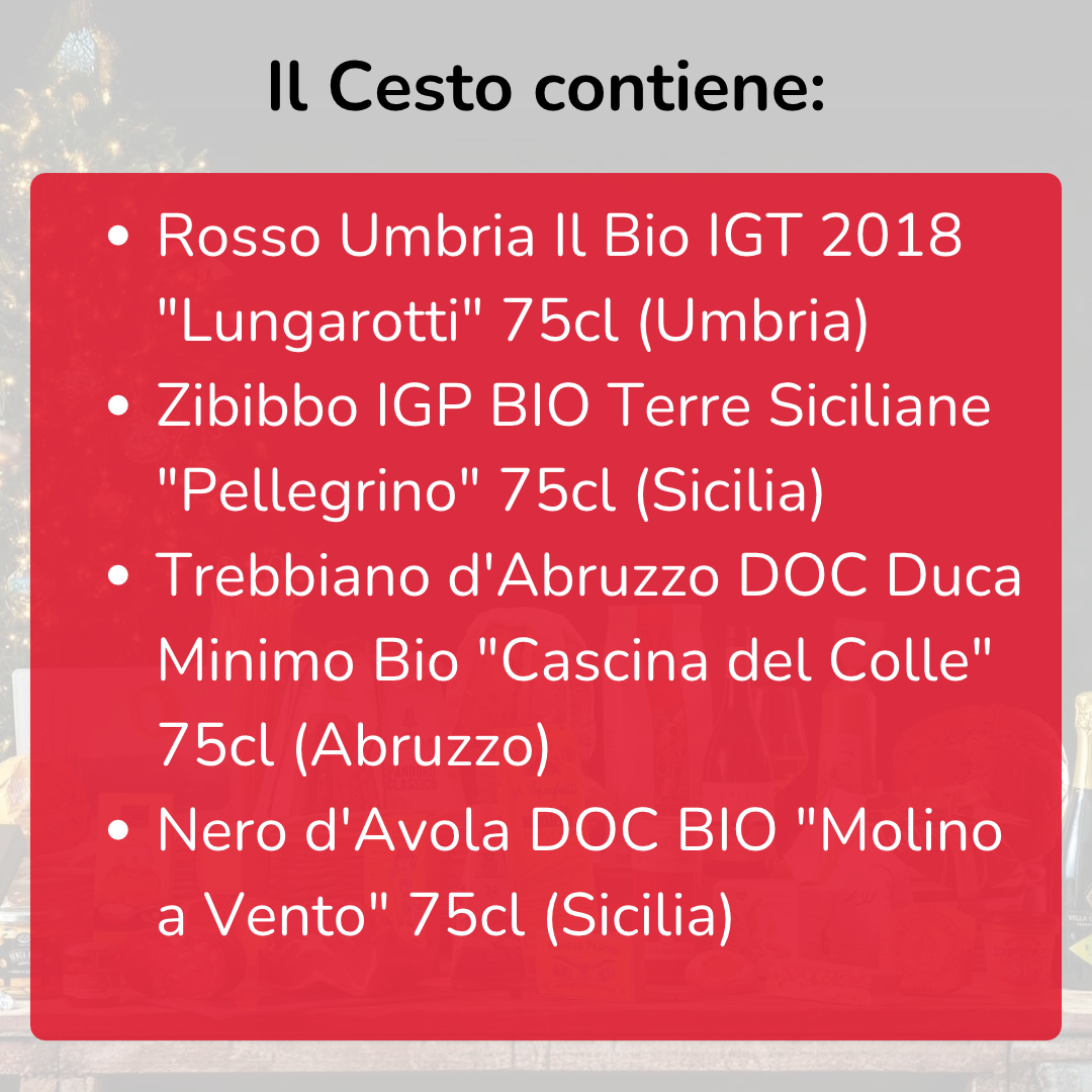 Cesto di Natale Vini "Cantina" - 4 bottiglie bianco, rossi e passito BIO