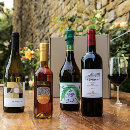 "Puntale" Wine Christmas Basket - 4 bottles of Prosecco, Pecorino IGT, Negroamaro and fortified wine