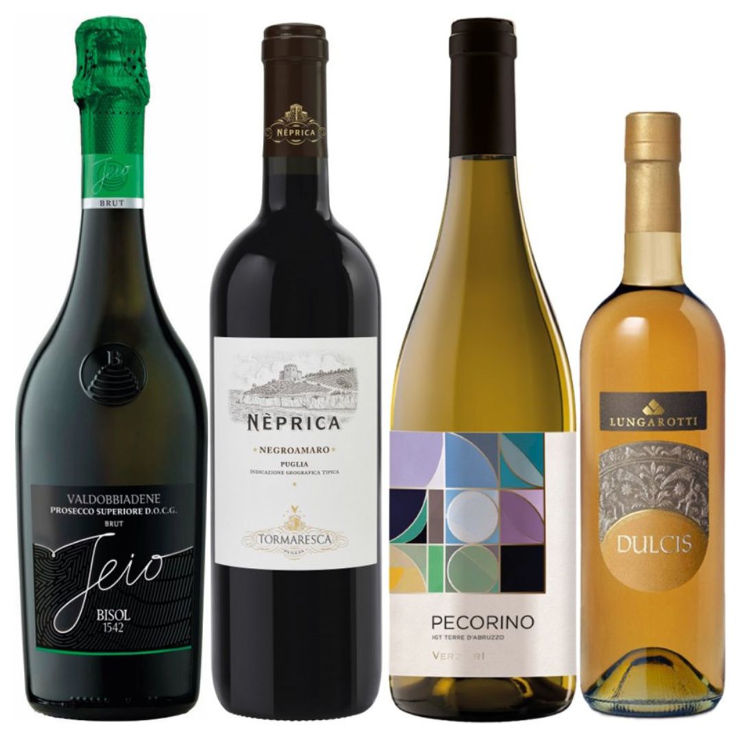 Cesto di Natale Vini "Puntale" - 4 bottiglie Prosecco, Pecorino IGT, Negroamaro e vino Liquoroso