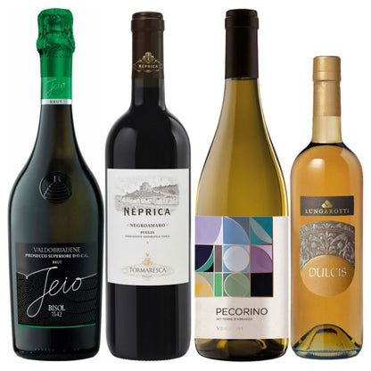 Cesto di Natale Vini "Puntale" - 4 bottiglie Prosecco, Pecorino IGT, Negroamaro e vino Liquoroso