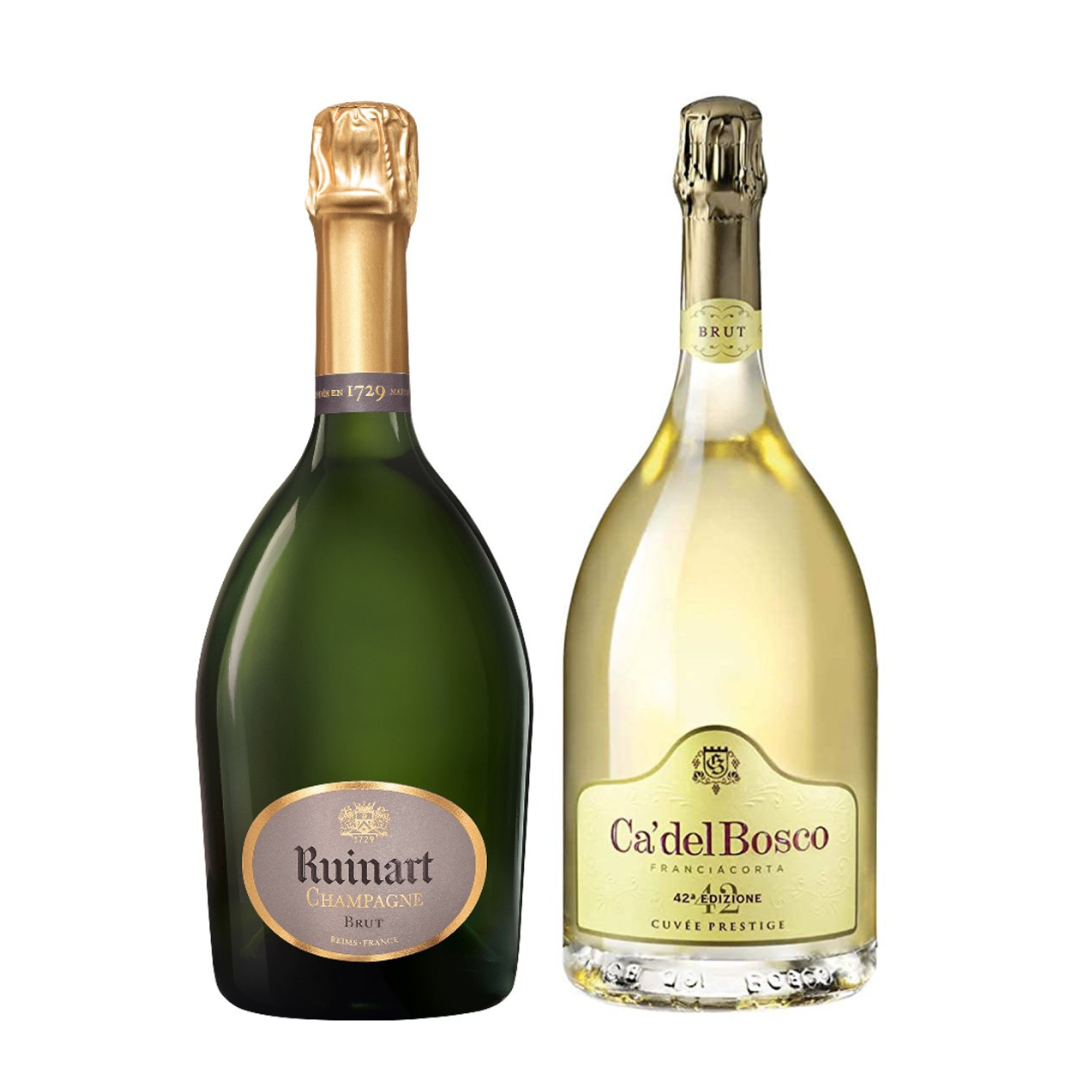 Cesto di Natale vini "Jingle Bells" - Champagne "R" de Ruinart e Franciacorta Cuvée Prestige Edizione 47 DOCG "Cà del Bosco"