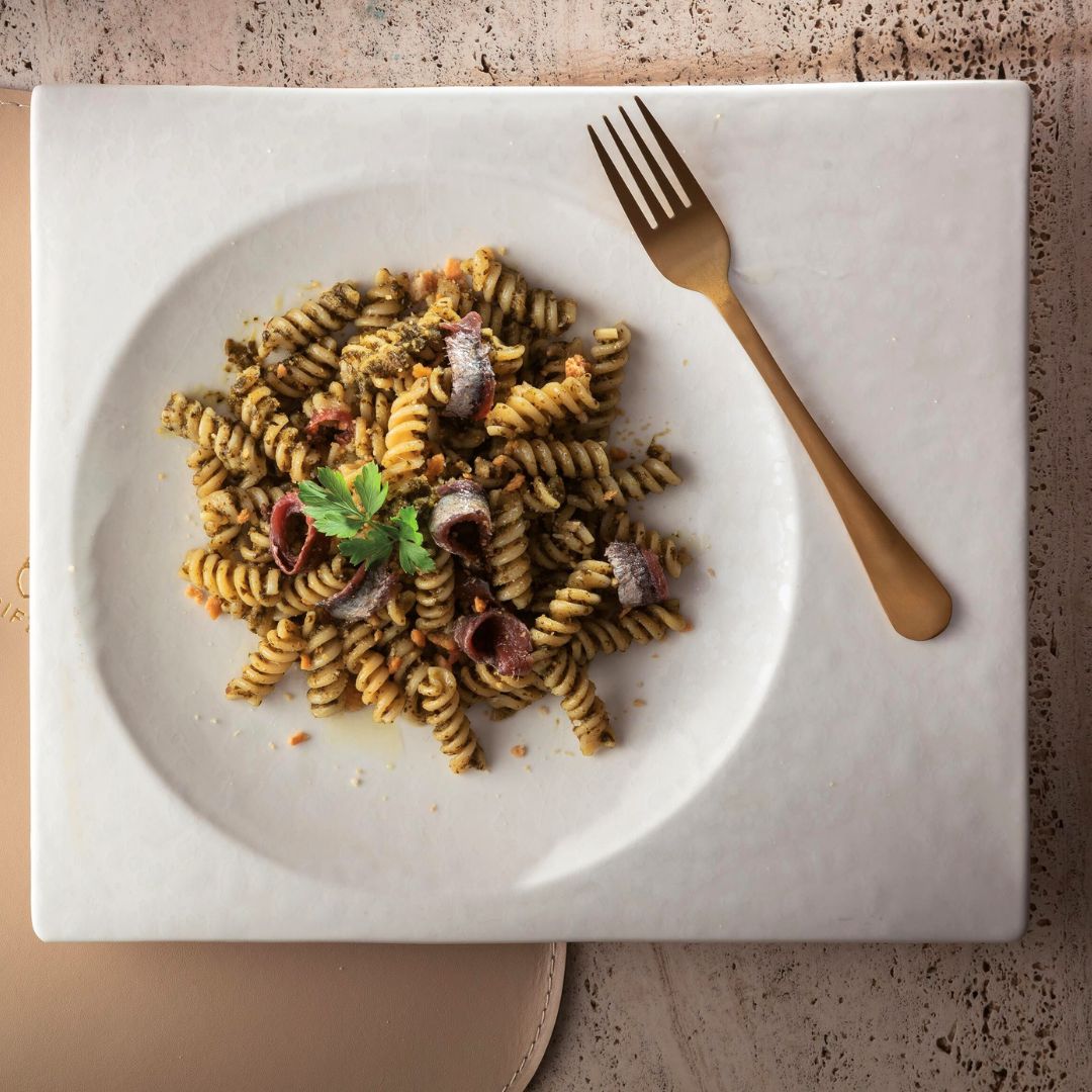 Box ricetta Fusilli con cime di Rapa, Colatura di Alici e briciole croccanti - max 6 porzioni