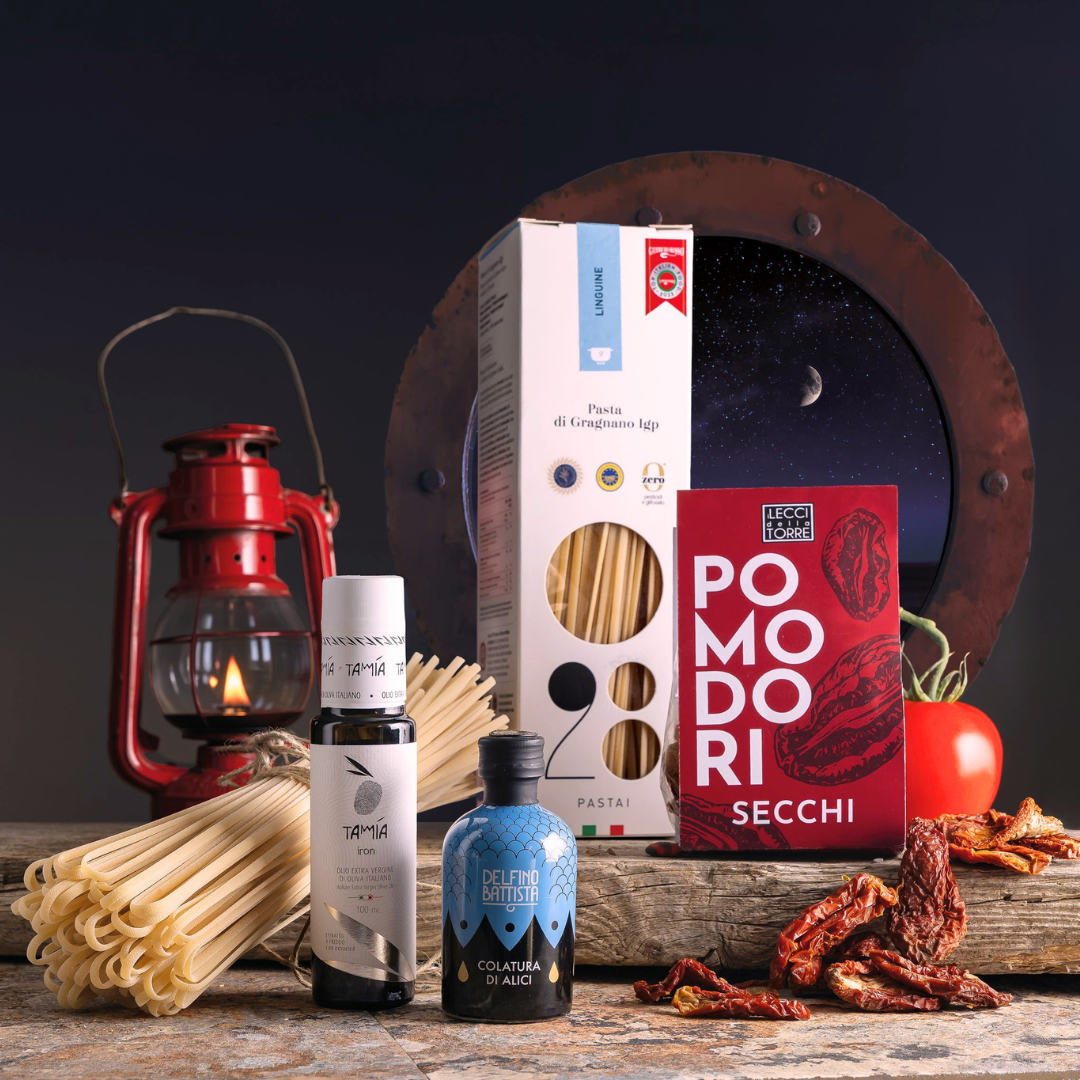 Cesto di Natale "Cambusa" - Linguine con Colatura di Alici e Pomodori secchi - Box ricetta