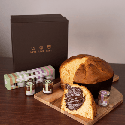 Panettone Pandorato Artigianale “Satri” 1Kg + Creme Spalmabili 5pzx30g in Cofanetto