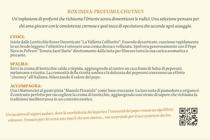 Box India - Profumi e chutney... zuppetta di lenticchie rosse con mattoncino croccante