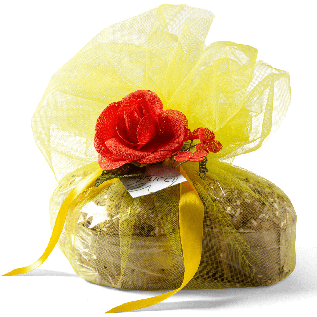 Colomba Arancia candita e Cioccolato Fondente ricetta artigianale confezionata a mano con tulle Giallo "Mafucci" - ricoperta con Glassa alle Nocciole e Goccie 750g
